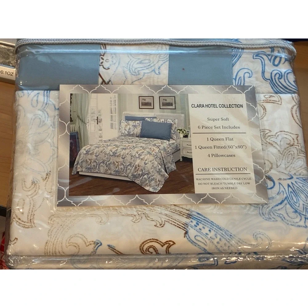 Clara Hotel Collection Queen 6 Piece Sheet Set Blue Tan Paisley Wrinkle Free NEW